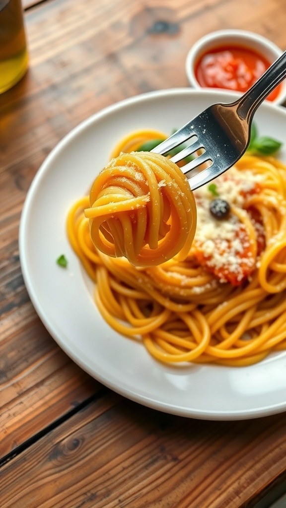 A plate of golden homemade pasta garnished with Parmesan and basil, with marinara sauce on the side.